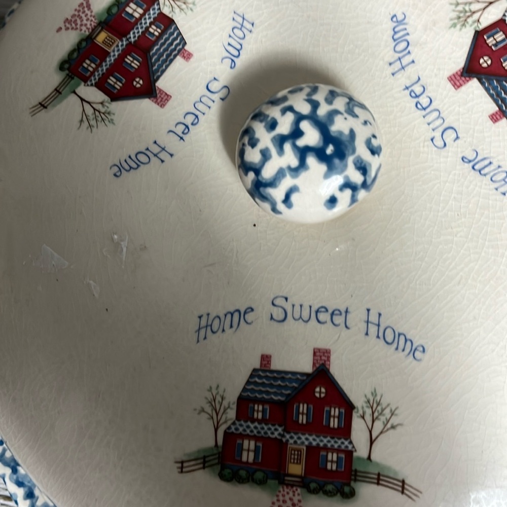 Vintage Ceramic Stoneware 10.5" COVERED PIE DISH Home Sweet Home BLUE SPONGE
